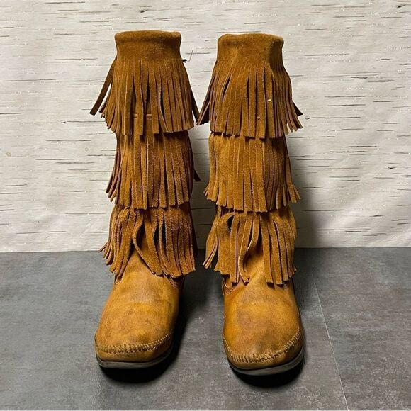 Minnetonka Women’s 3-Layer Fringe Brown Suede Leather Boots Size 8 - Picture 5 of 16